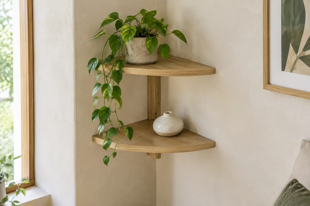 Étagère murale en chêne installée dans un angle avec une plante en pot