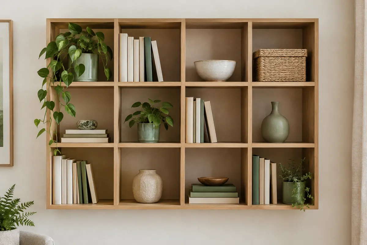 Étagère murale en chêne à compartiments avec livres et objets