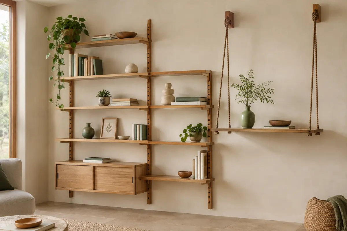 Système mural modulable et tablette en bois suspendue par des cordes