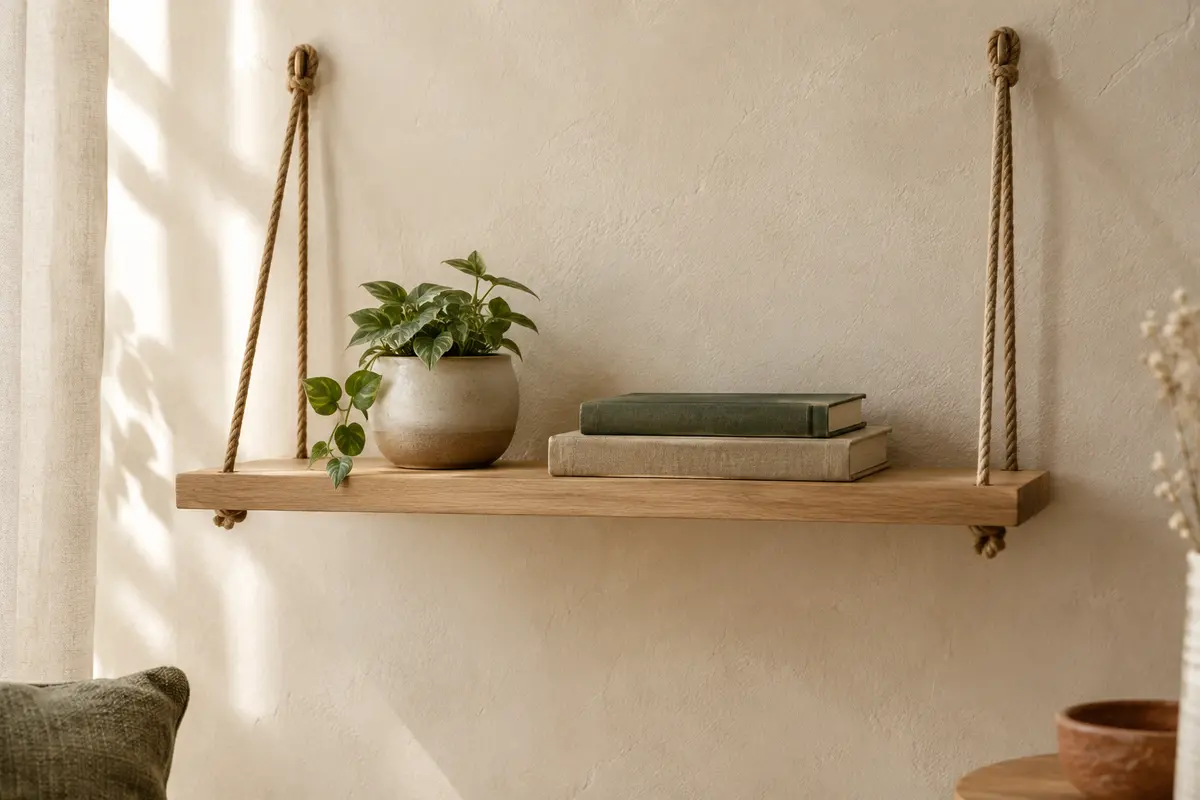 Tablette murale en bois suspendue par des cordes naturelles