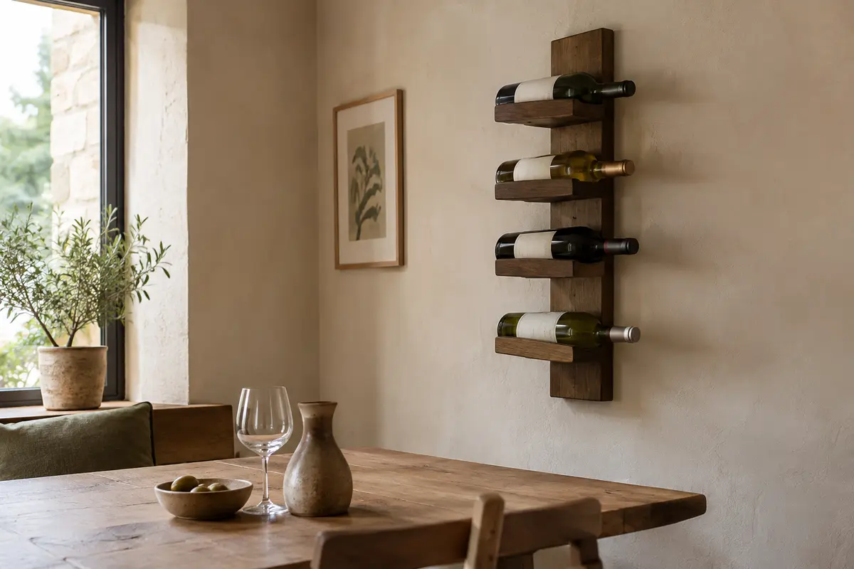 Bouteilles rangées horizontalement sur un porte-bouteilles mural en bois