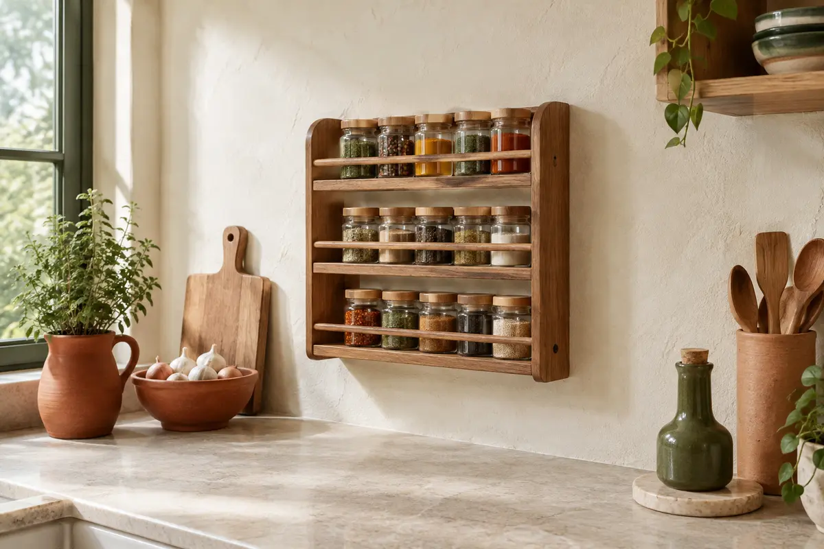 Pots à épices alignés sur une étagère murale en bois dans une cuisine