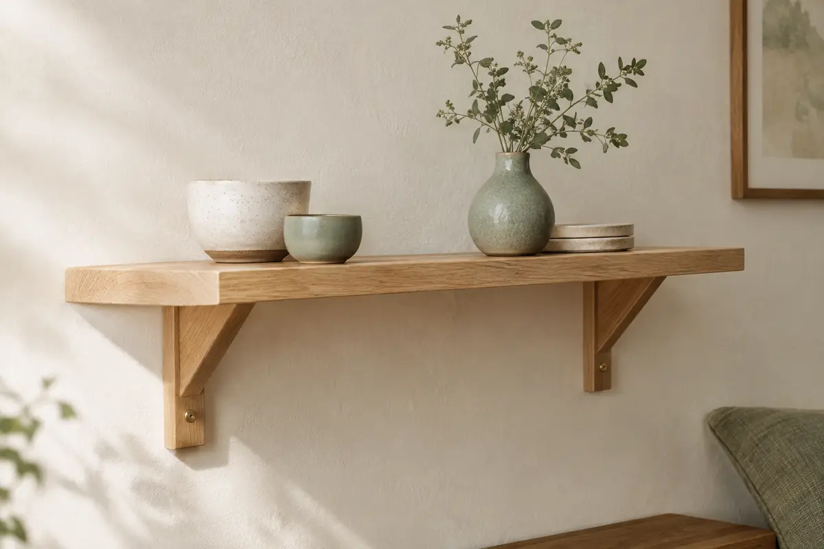 Tablette murale en bois clair décorée de céramiques sur un mur crème