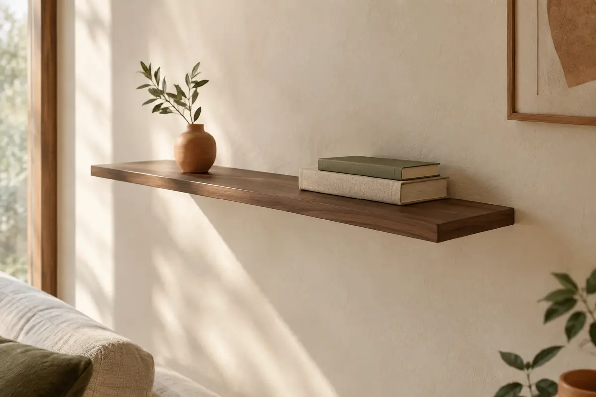 Étagère flottante en noyer avec livres et vase sur un mur clair