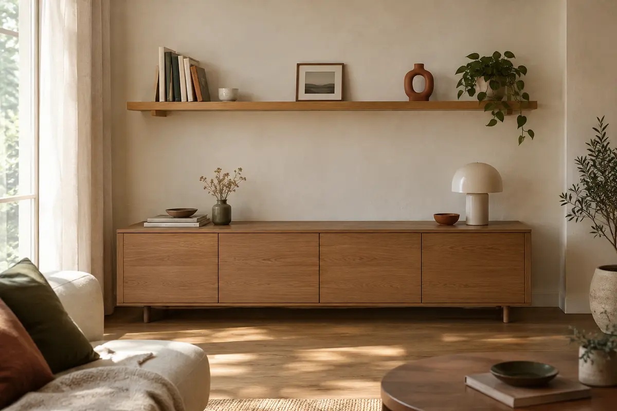 Étagère murale en bois clair dans un petit salon, avec une composition aérée et un sol dégagé.