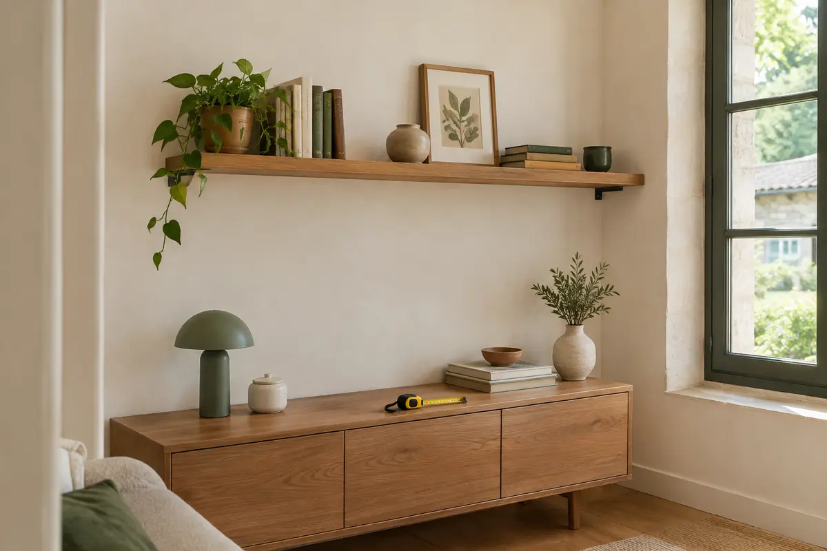 Étagère murale en bois au-dessus d’un meuble, avec un mètre ruban pour préparer sa longueur.