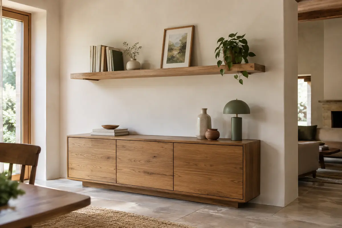 Étagère murale en bois décorée de livres et d’objets dans un intérieur lumineux