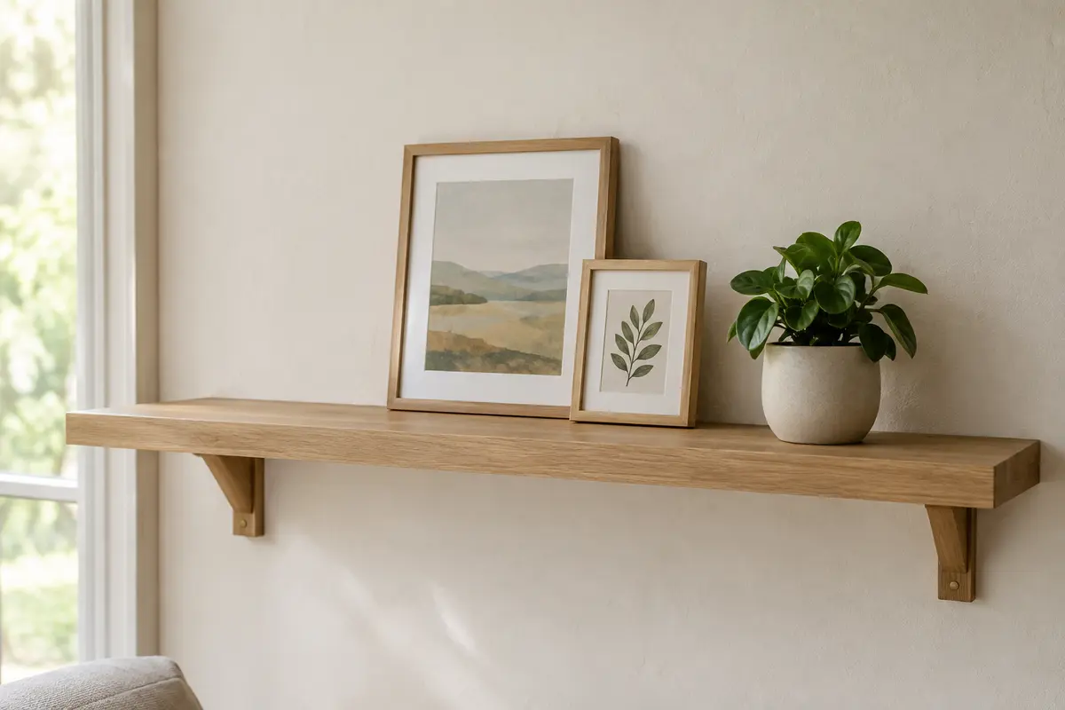 Étagère murale en bois avec deux cadres et une plante compacte, séparés par des espaces libres