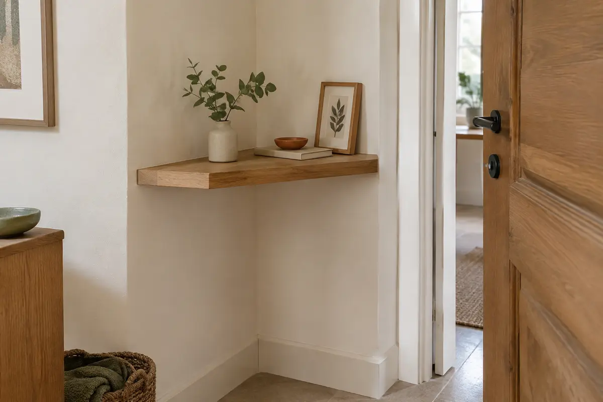 Étagère murale en bois installée dans un angle près d’une porte ouverte et d’un passage dégagé