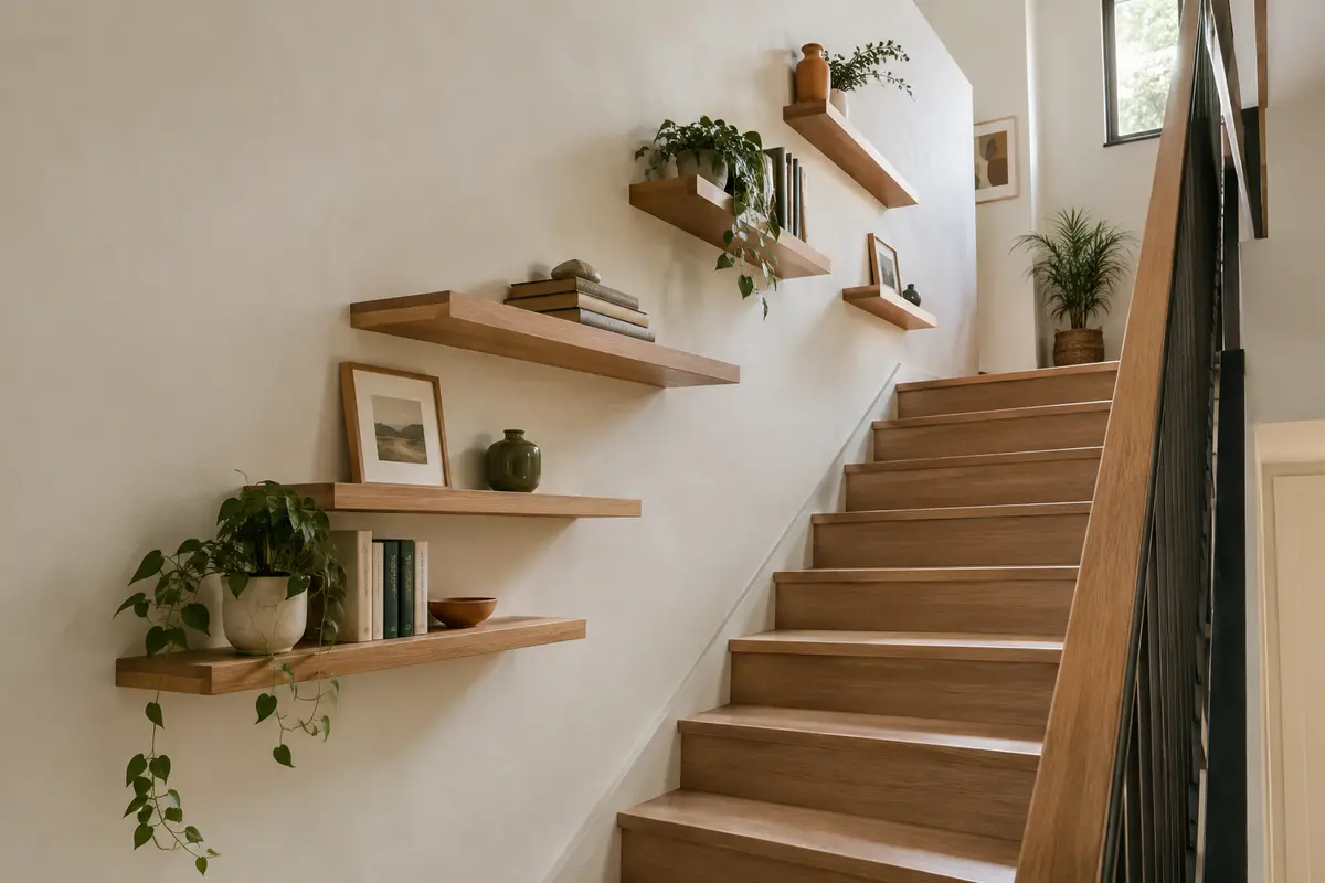 Étagères murales en bois disposées en montée le long d’un escalier, avec une composition aérée