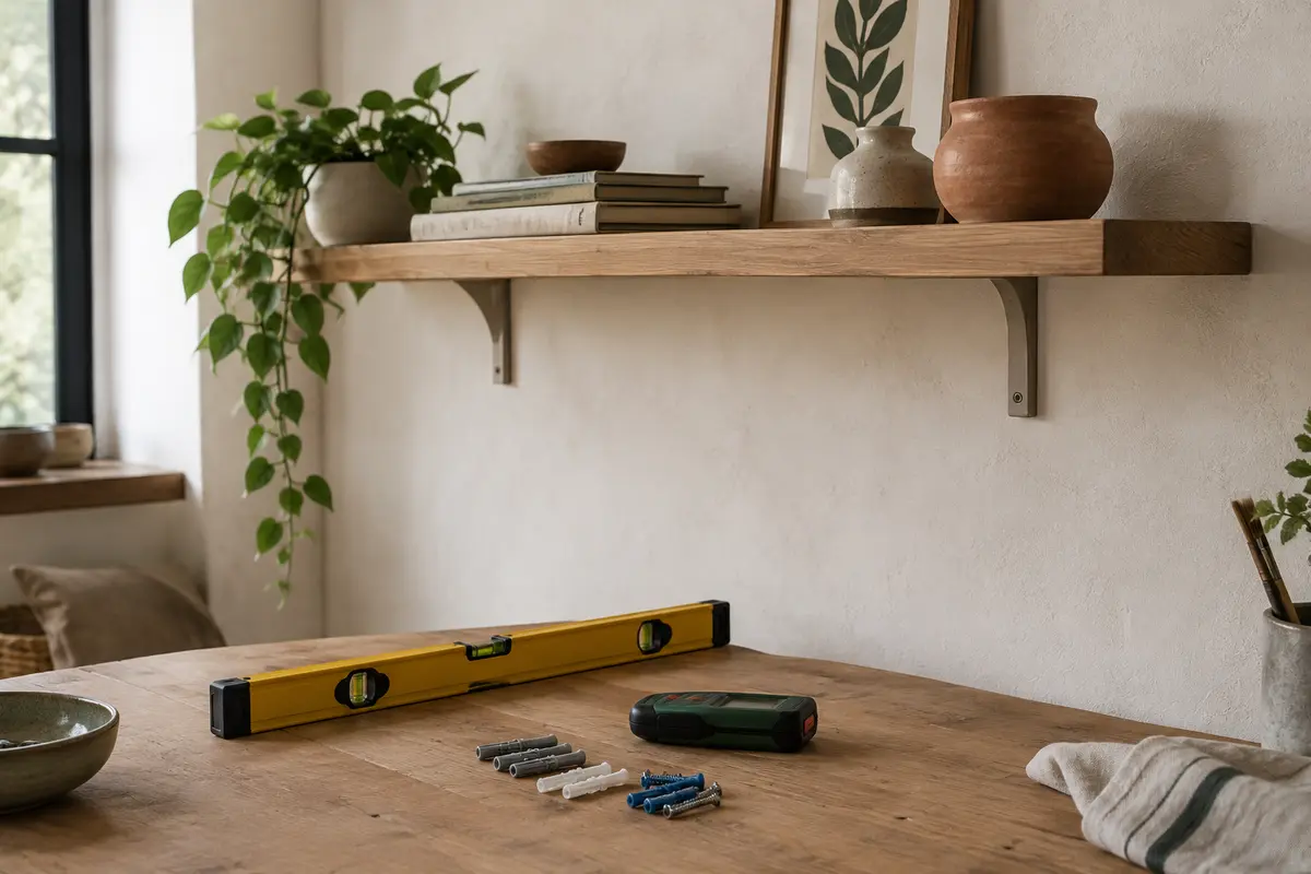 Étagère en bois sur une cloison en plaques de plâtre avec outils et chevilles posés à proximité