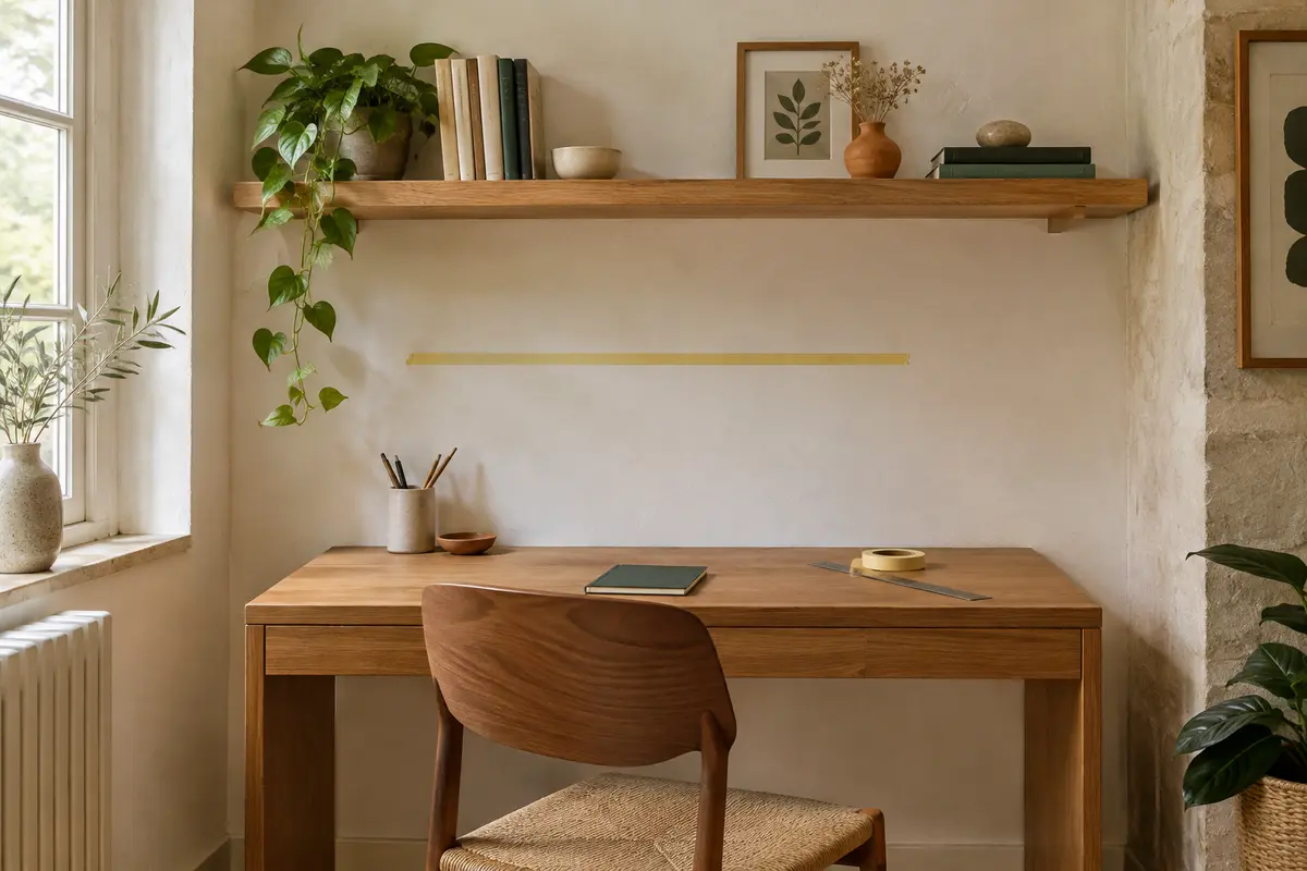 Étagère murale en bois au-dessus d’un bureau avec un dégagement visible avant la pose