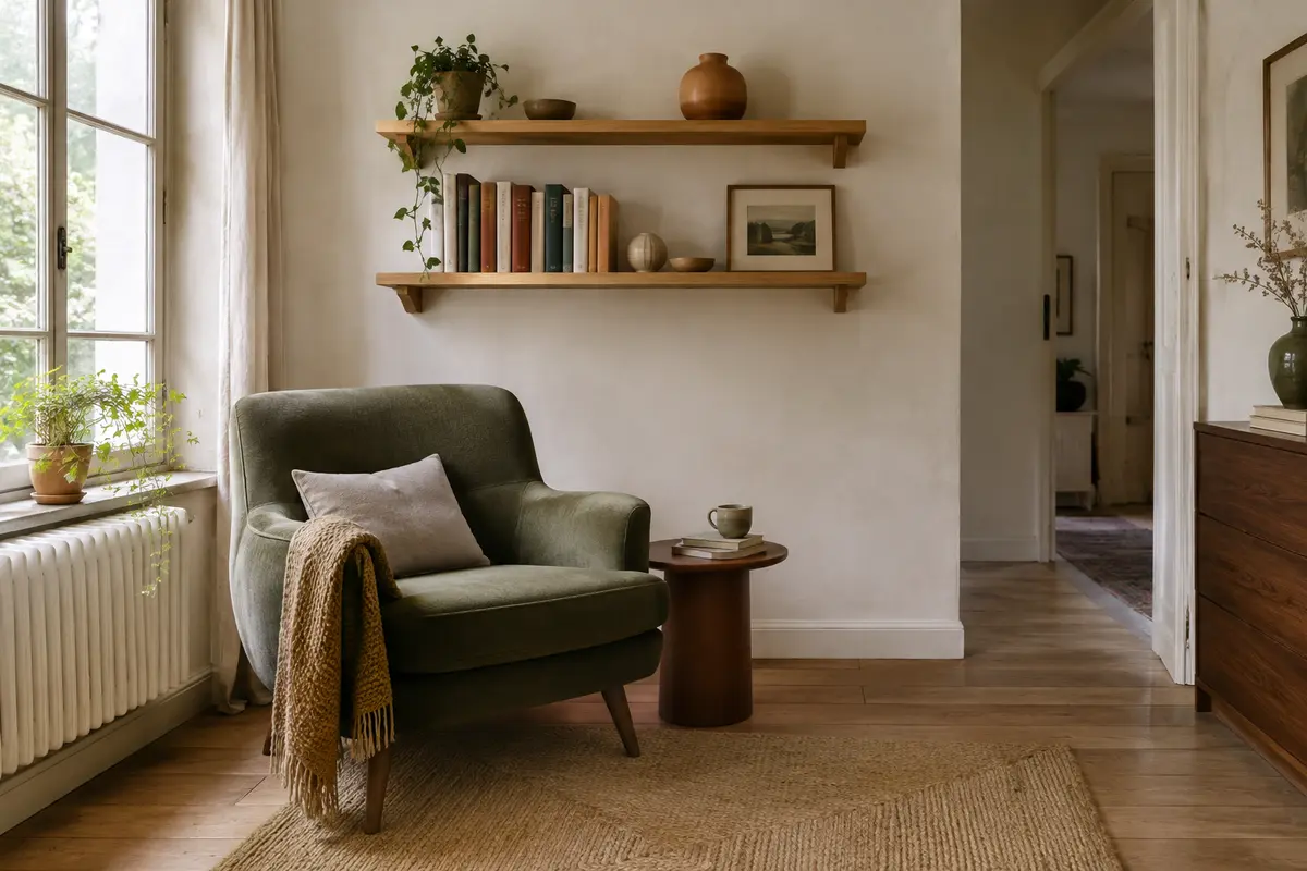 Étagère murale en bois avec quelques livres, installée près d’un fauteuil et d’un passage dégagé.