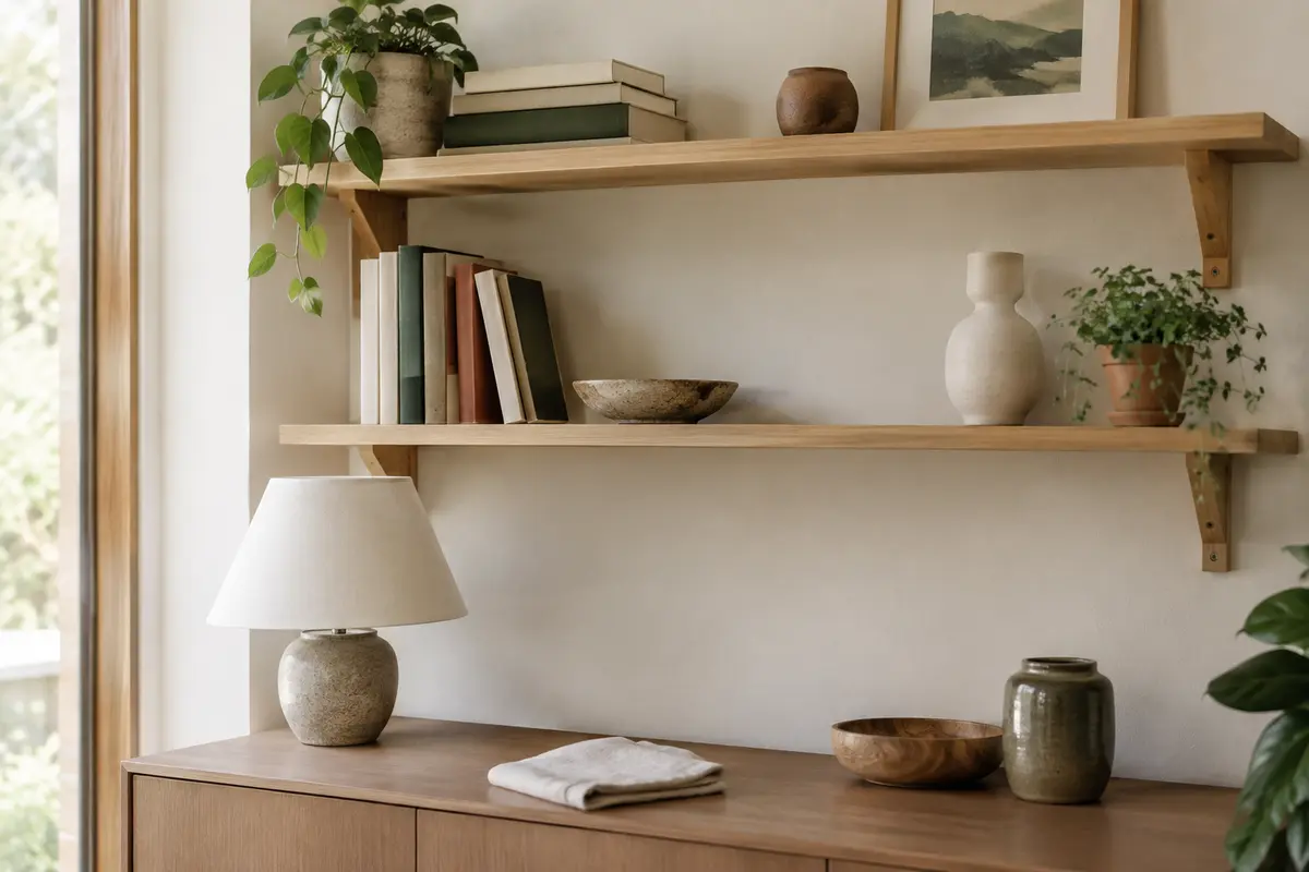 Étagère murale en bois clair avec quelques objets et un chiffon doux posé à proximité