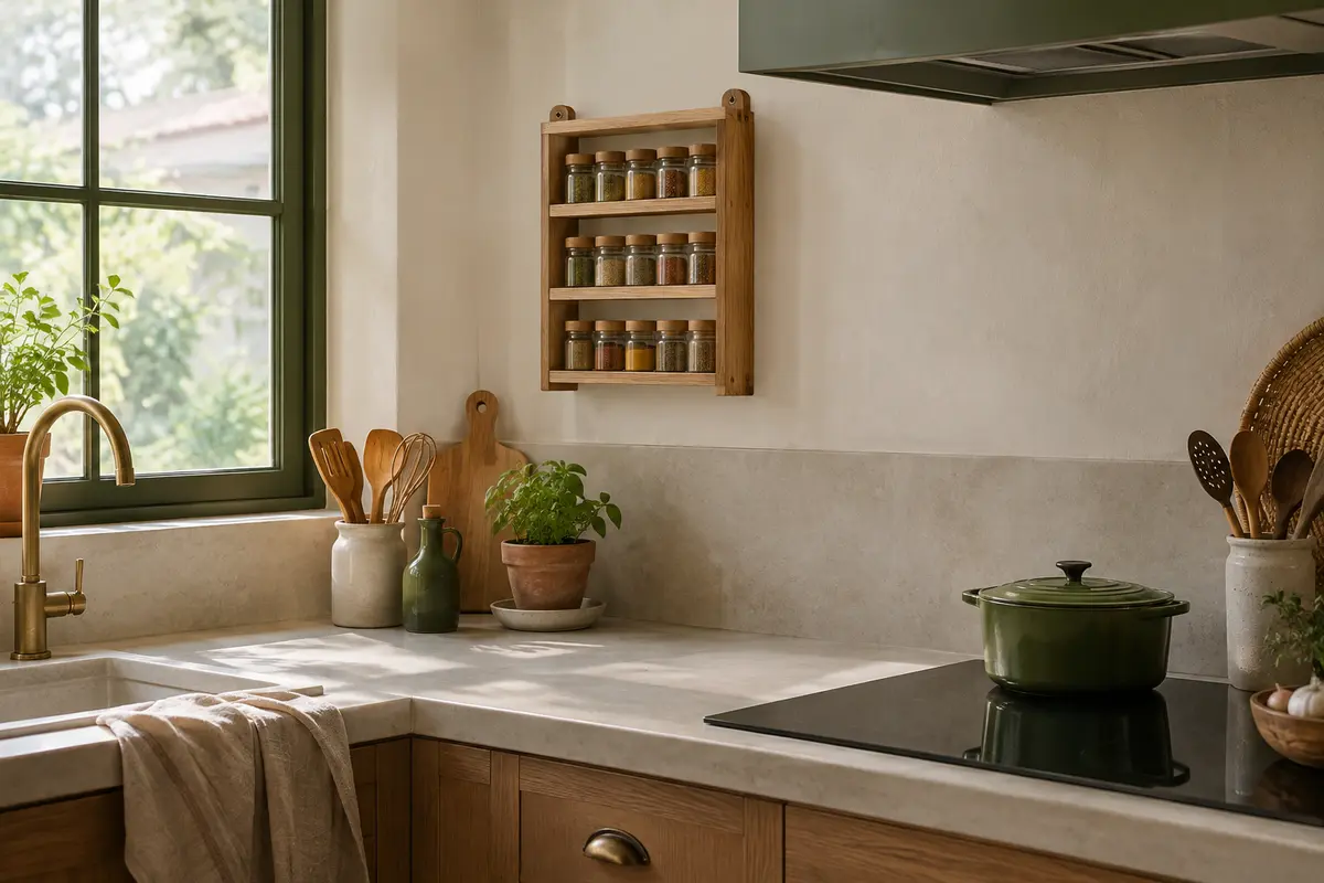 Étagère murale en bois avec des pots à épices, placée à côté du plan de travail et loin de la plaque