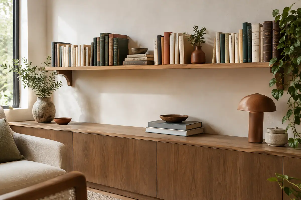 Livres répartis sur une étagère murale en bois avec supports visibles et tablette droite