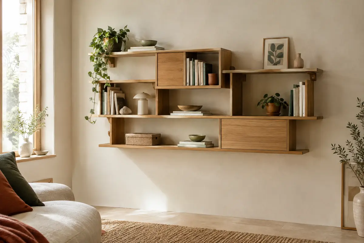 Système d’étagères modulable en bois avec tablettes et compartiments organisés sur un mur clair.