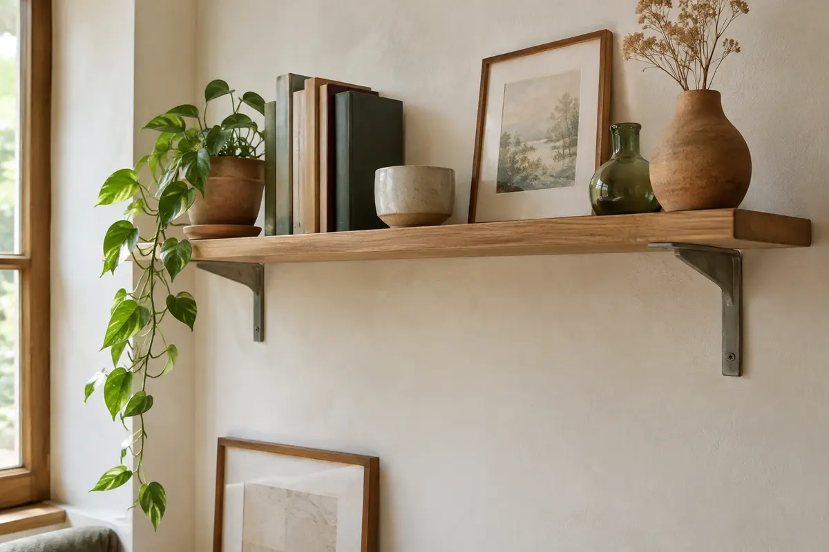 Étagère murale en bois avec équerres, livres et objets répartis sur la tablette