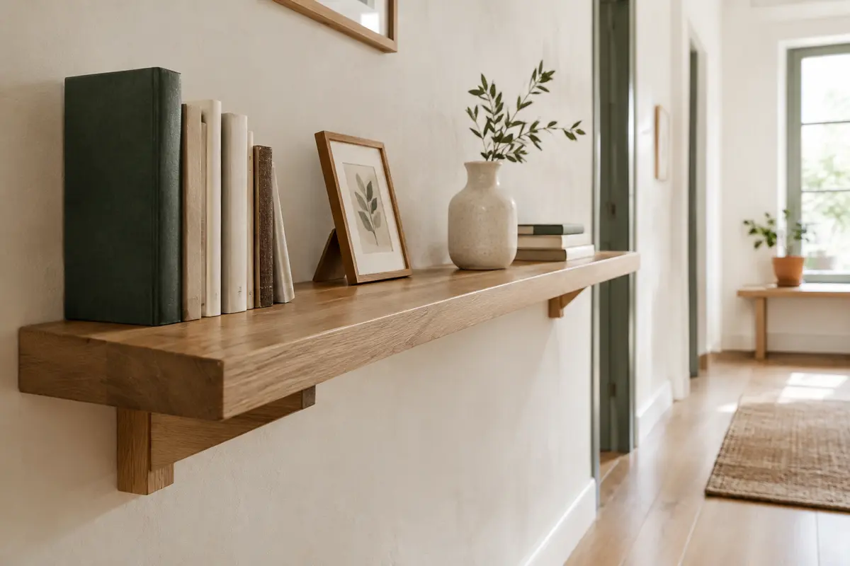 Étagère murale en bois avec livres, cadre et vase, laissant le passage dégagé devant le mur
