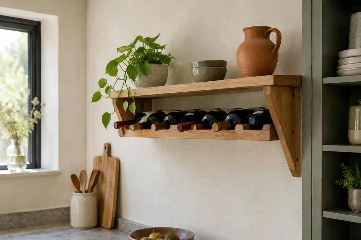Étagère murale en bois avec des bouteilles rangées régulièrement dans des emplacements adaptés
