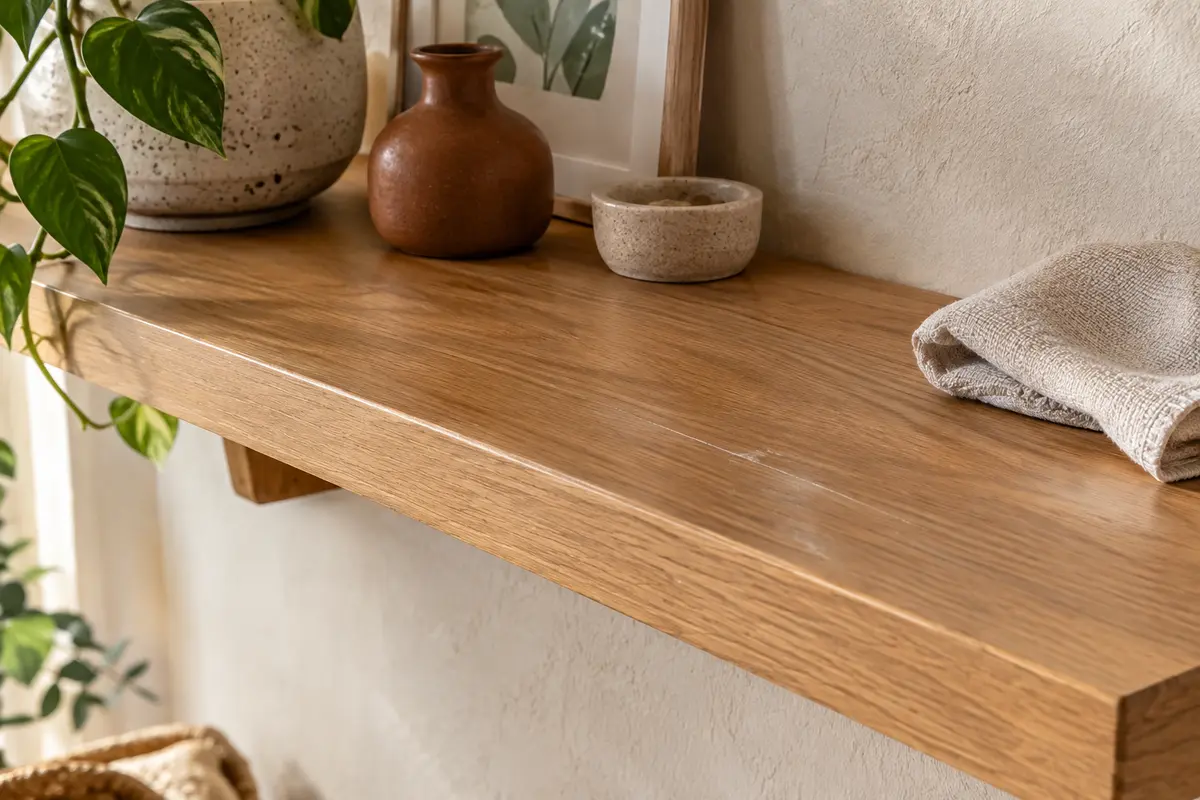 Étagère murale en bois clair avec une fine rayure visible sur le plateau et un chiffon doux à proximité