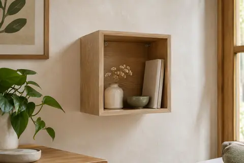 Étagère cubique à une case, effet chêne beige, fixée sur un mur blanc cassé.