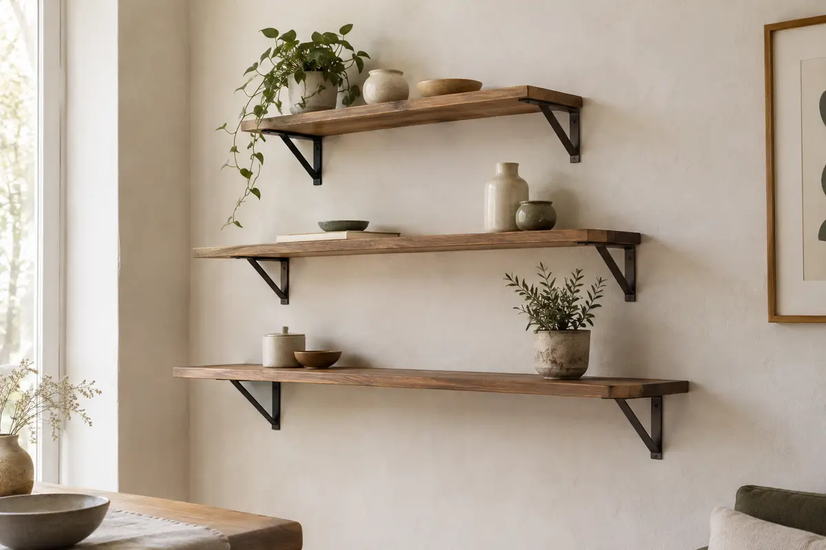 Trois étagères murales en bois brun avec supports métalliques triangulaires sur un mur clair