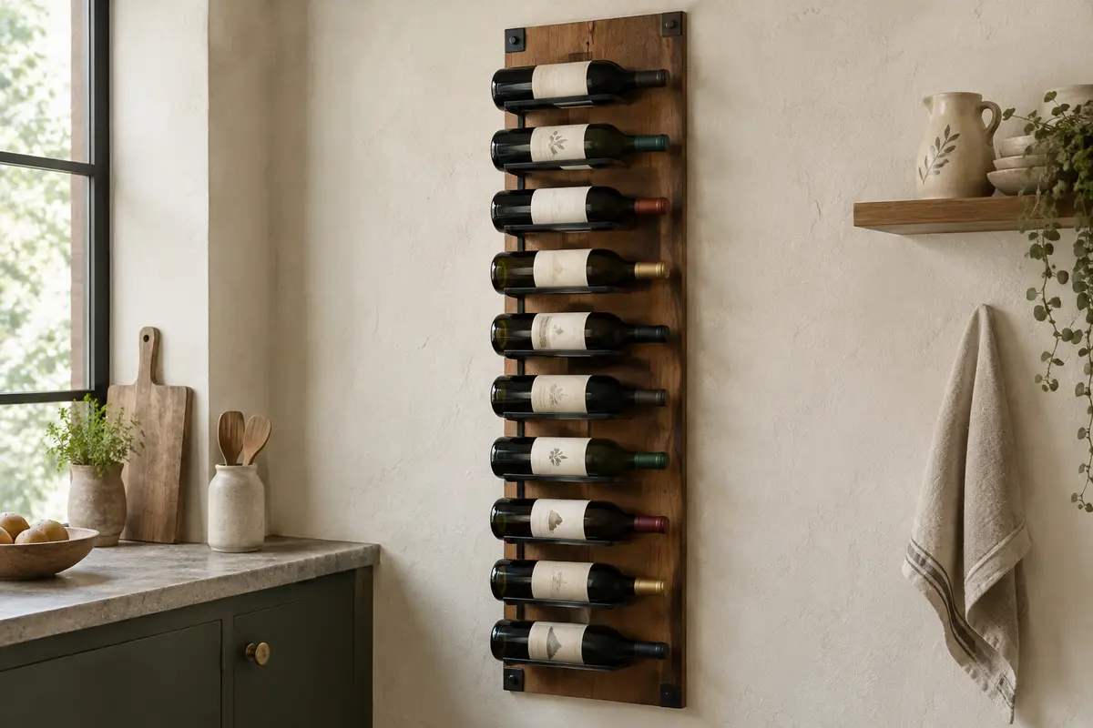 Casier à vin mural vertical en bois brun et métal noir avec plusieurs bouteilles rangées à l’horizontale