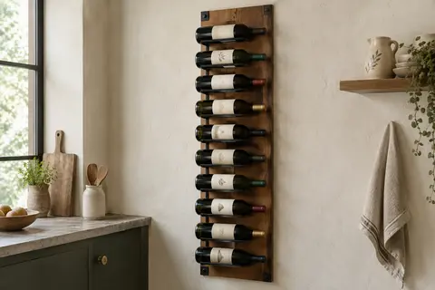 Casier à vin mural vertical en bois brun et métal noir avec plusieurs bouteilles rangées à l’horizontale