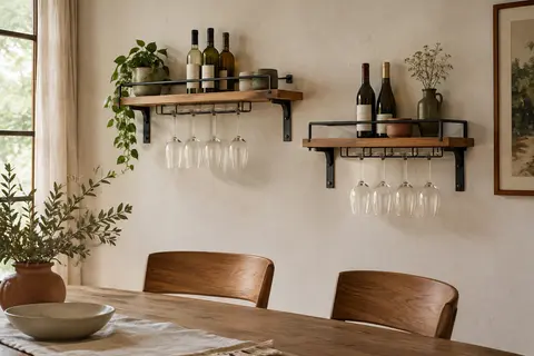 Deux supports muraux noirs en bois et fer, garnis de bouteilles et de verres à pied