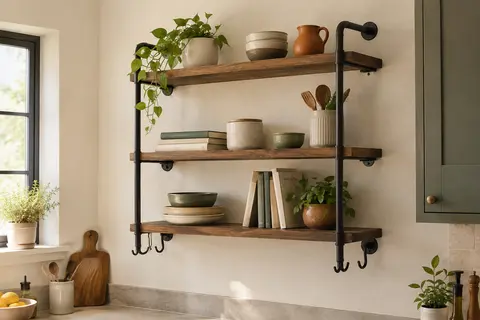 Étagère murale Bestier à trois niveaux en bois brun, avec structure tubulaire et crochets
