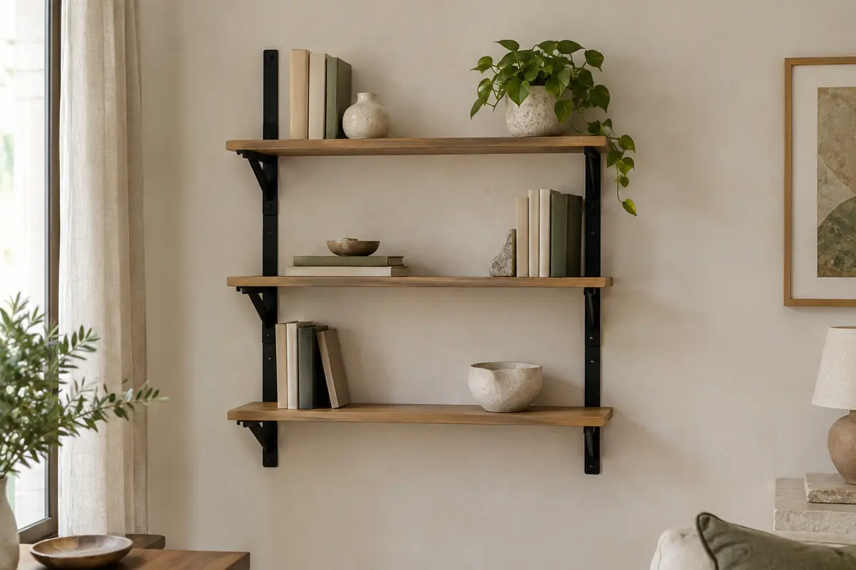 Étagère murale à trois niveaux au décor bois avec équerres métalliques noires, installée sur un mur clair