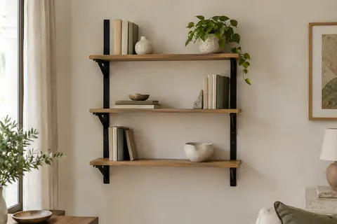 Étagère murale à trois niveaux au décor bois avec équerres métalliques noires, installée sur un mur clair