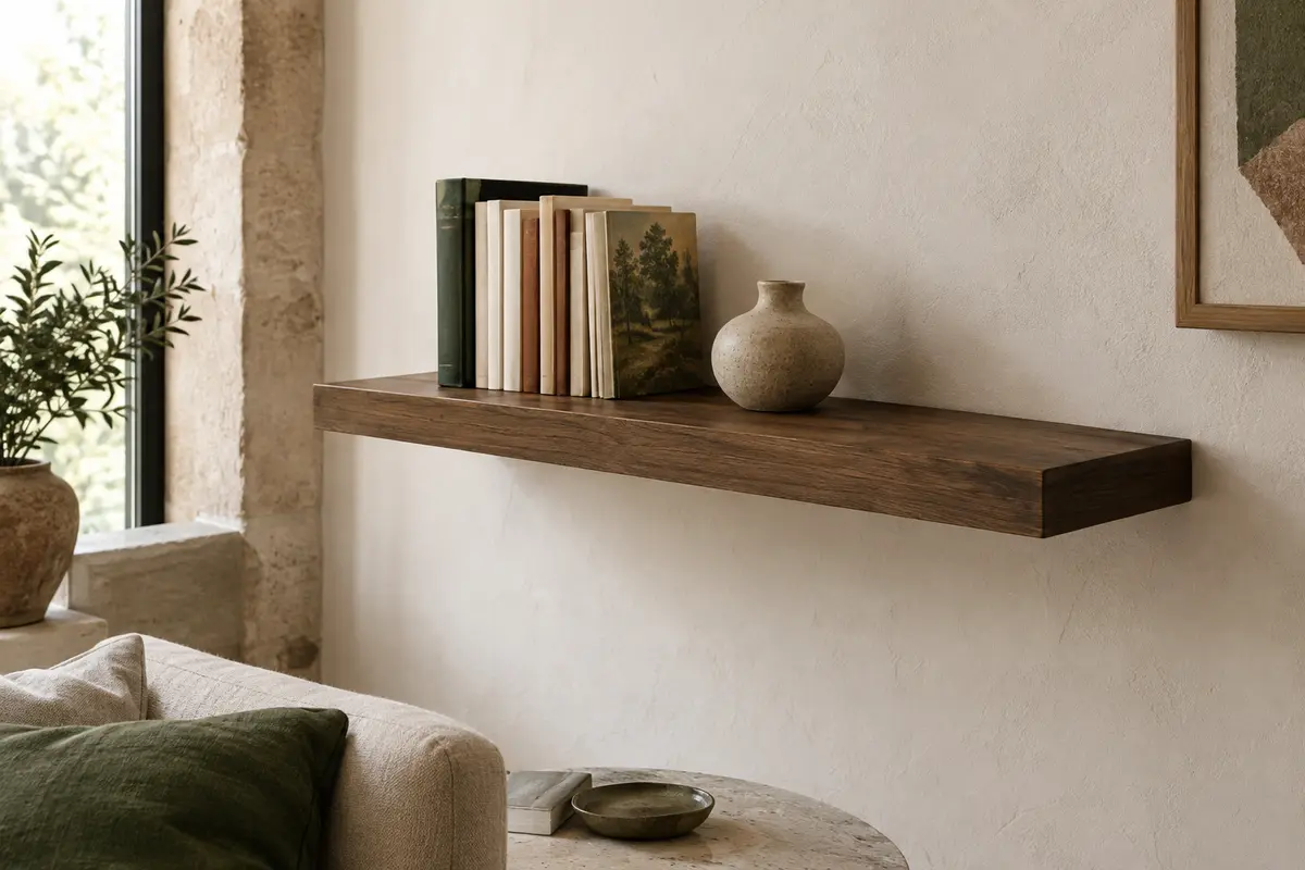 Étagère murale flottante en MDF effet chêne foncé, installée sur un mur blanc avec des livres et une céramique
