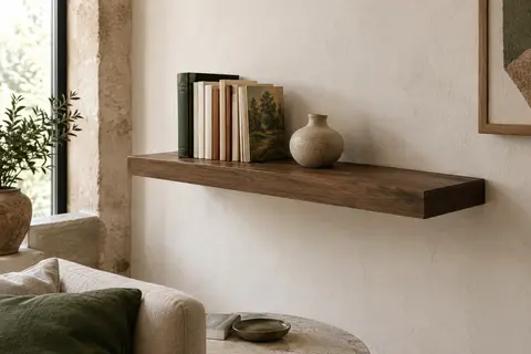 Étagère murale flottante en MDF effet chêne foncé, installée sur un mur blanc avec des livres et une céramique