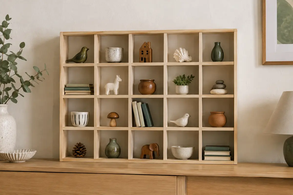 Vitrine Creative Deco en bois beige à 20 compartiments, posée sur une console avec des objets de collection