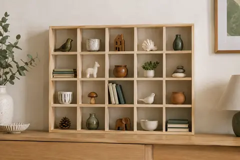 Vitrine Creative Deco en bois beige à 20 compartiments, posée sur une console avec des objets de collection