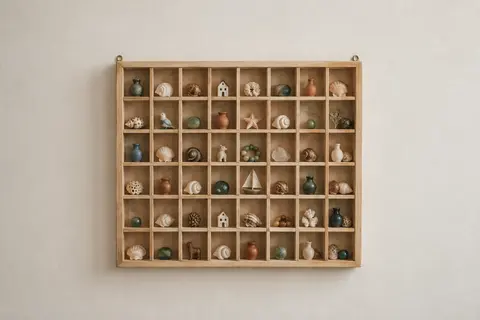 Vitrine murale plate en pin brut à une cinquantaine de petites cases, accrochée sur un mur clair et garnie de miniatures.