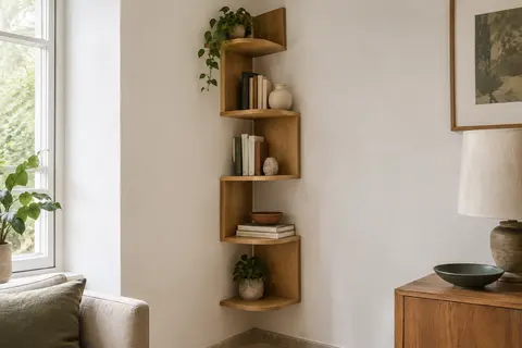 Étagère d’angle en bois à cinq niveaux, fixée sur un mur clair près de livres et d’objets décoratifs.