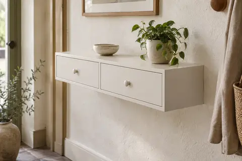 Étagère murale caisson blanche mate à deux tiroirs, avec une petite céramique et une plante posées sur le dessus, fixée sur un mur clair.