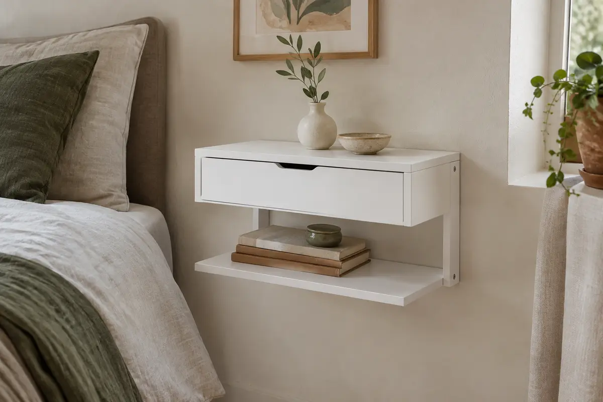 Étagère murale blanche En.casa avec tiroir intégré, installée comme chevet dans une chambre lumineuse.