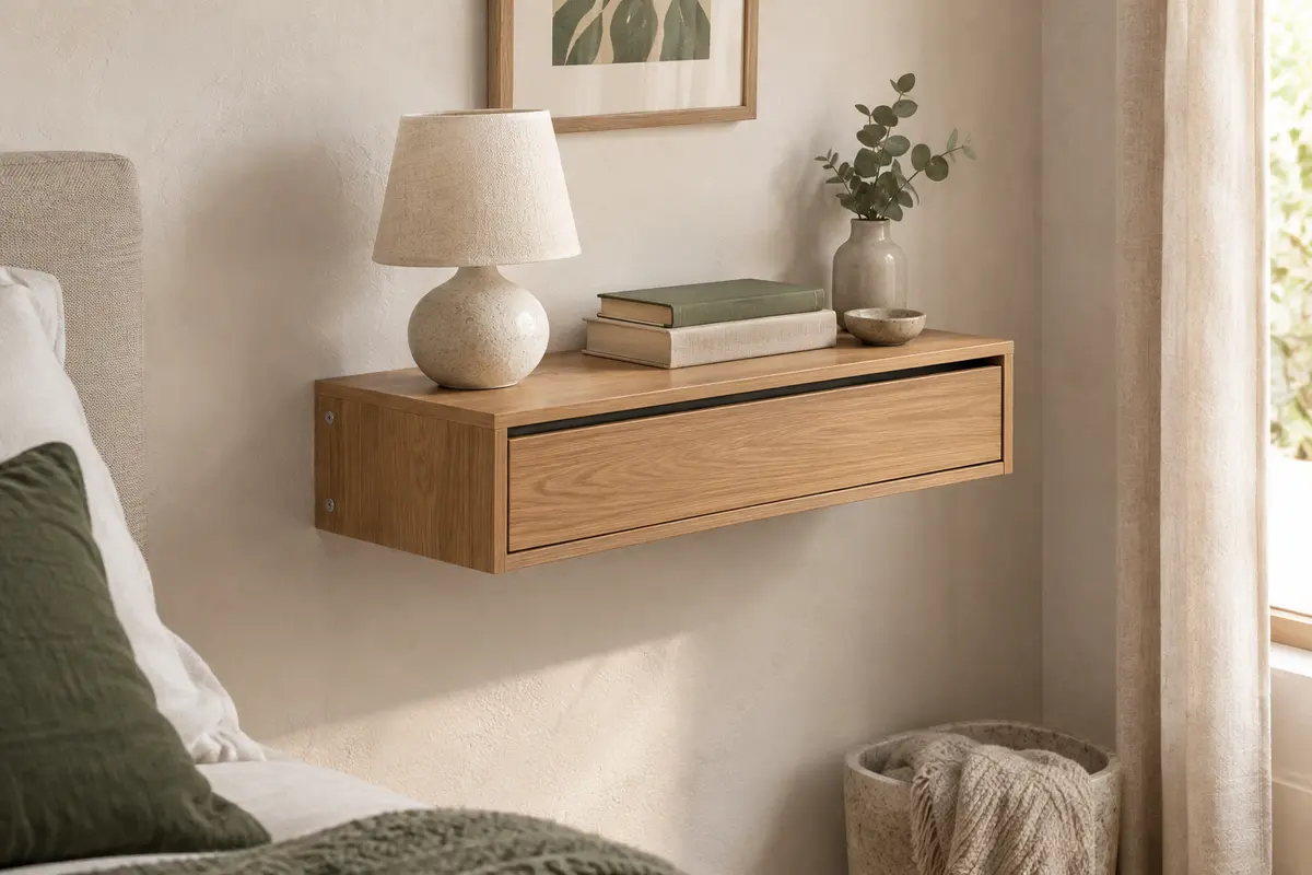 Étagère murale effet bois avec tiroir, fixée sur un mur clair dans une chambre sobre