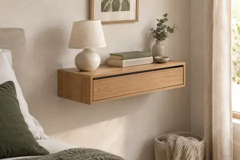 Étagère murale effet bois avec tiroir, fixée sur un mur clair dans une chambre sobre