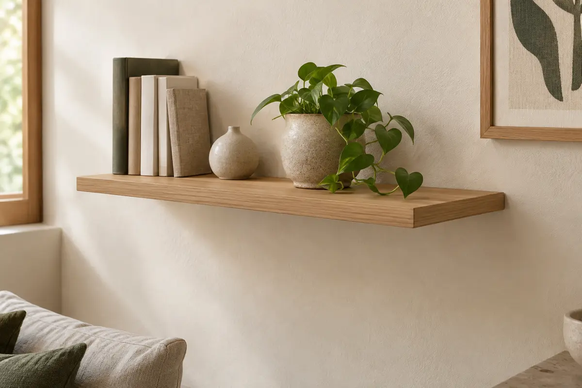 Étagère murale flottante en MDF à l’aspect chêne clair, fixée sur un mur blanc avec son support discret.