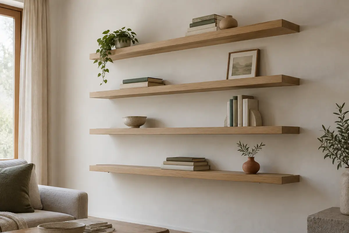 Quatre étagères murales flottantes en finition bois clair, installées sur un mur avec livres et objets décoratifs.