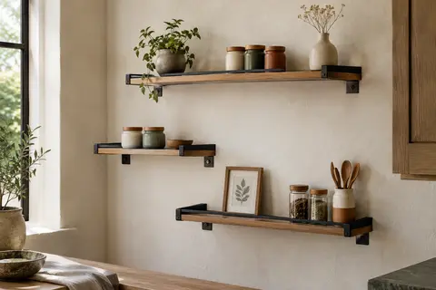 Trois étagères murales en bois composite avec rebords métalliques noirs, fixées sur un mur clair