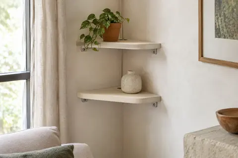 Deux étagères d’angle flottantes en chêne blanc fixées sur un mur clair, avec une plante et un objet décoratif