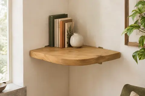 Étagère d’angle en chêne clair fixée dans un coin de mur, avec des livres et une céramique