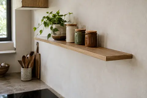 Fine planche flottante en chêne massif fixée sur un mur clair de cuisine, sans support visible, avec des pots à épices et une plante.