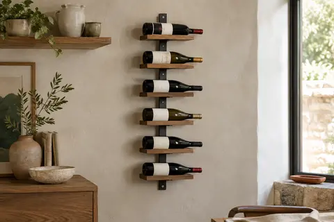 Porte-bouteilles mural en bois brun et métal noir, avec six niveaux garnis de bouteilles.
